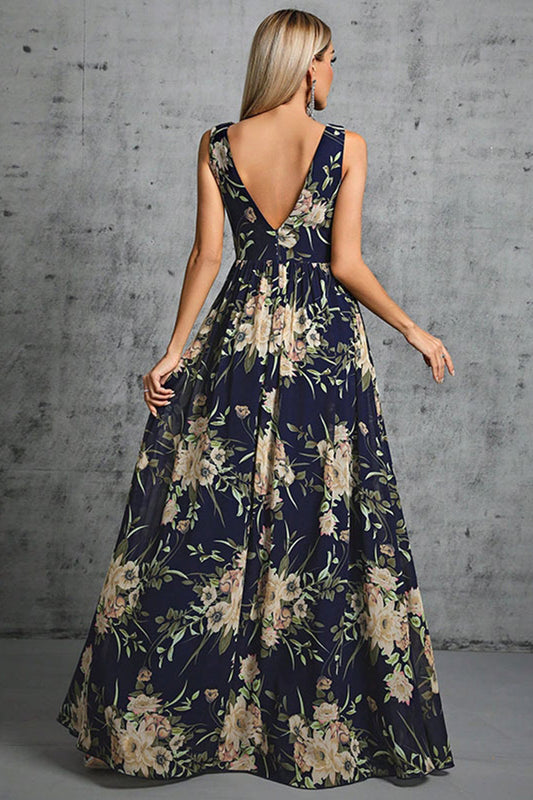 Navy V Neck A Line Printed Flower Chiffon Formal Dress