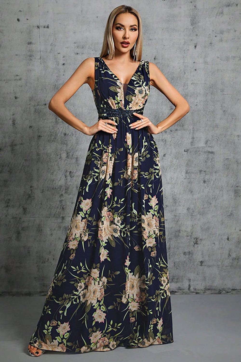 Navy V Neck A Line Printed Flower Chiffon Formal Dress