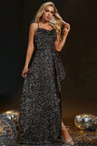 Sparkly Sequins Black Spaghetti Straps Formal Dress with Slit