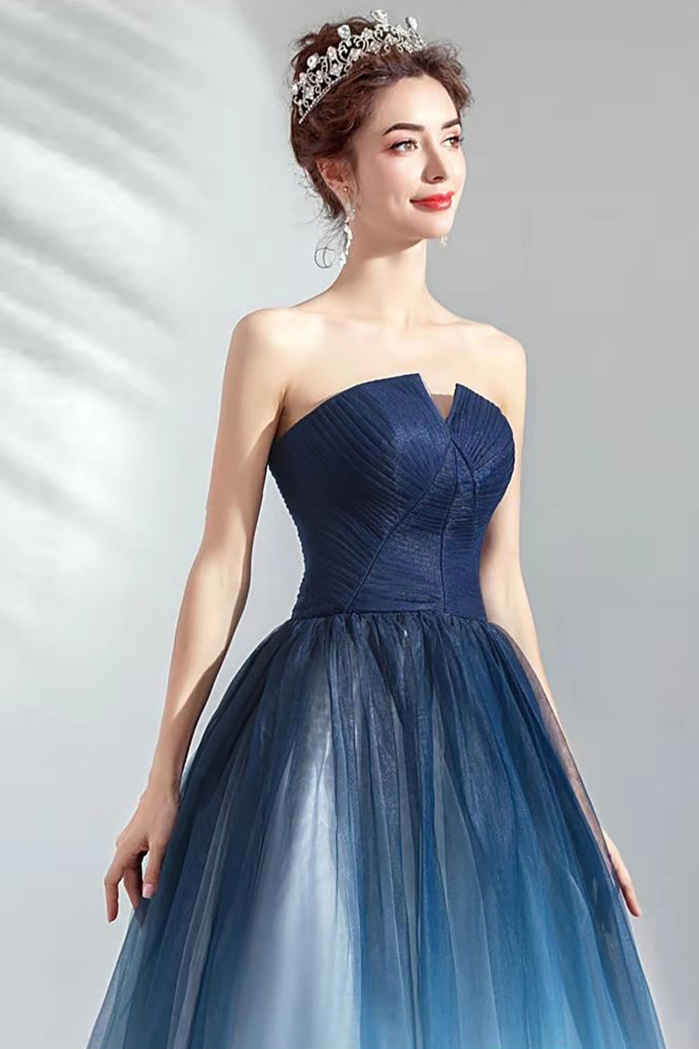 Navy A Line Strapless Tulle Pleated Long Prom Dress