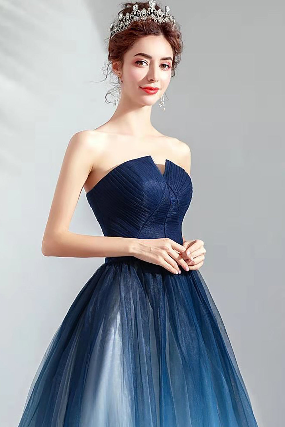 Navy A Line Strapless Tulle Pleated Long Prom Dress