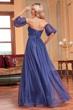 Navy A Line Removable Sleeves Pleated Long Prom Dress