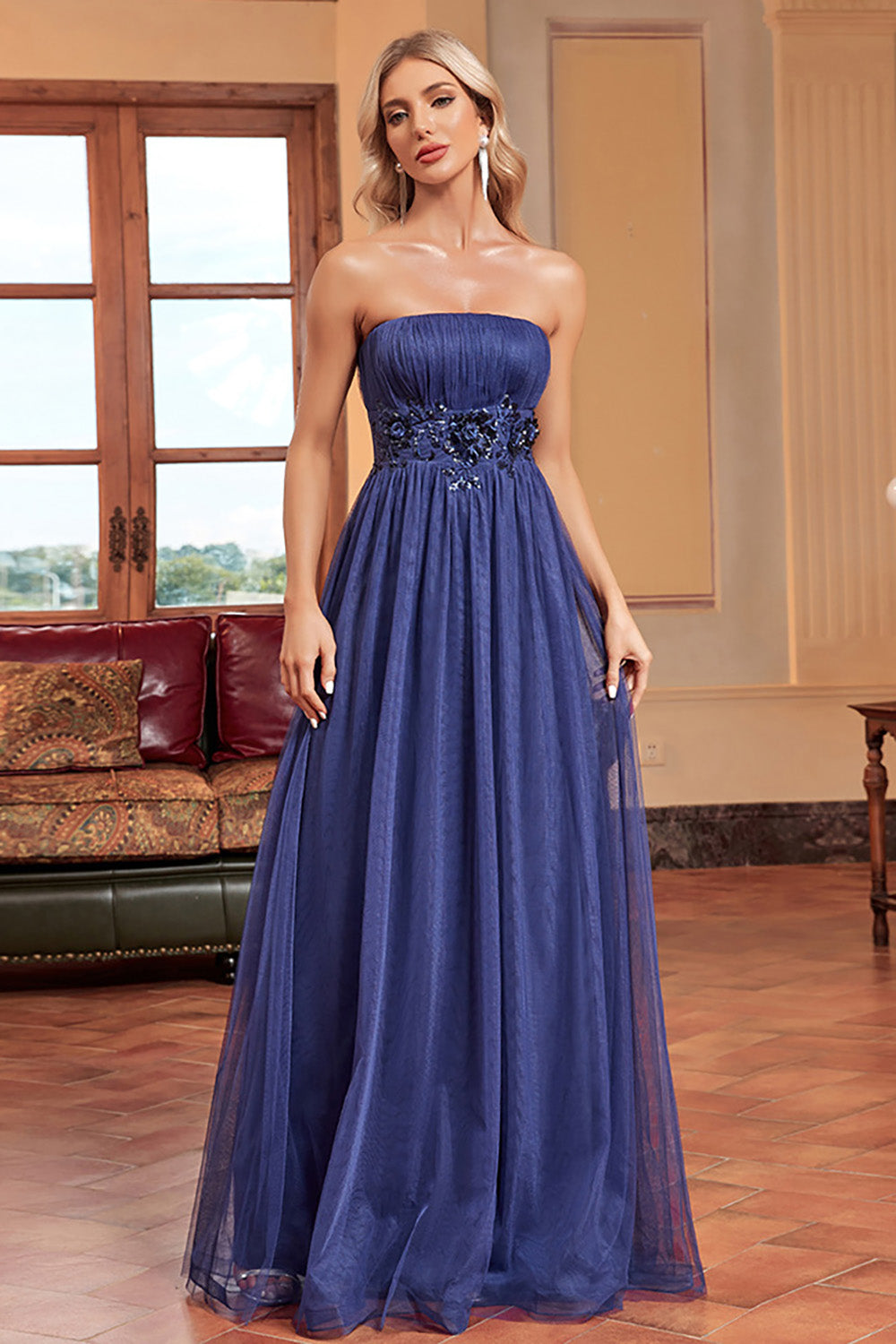 Navy A Line Removable Sleeves Pleated Long Prom Dress