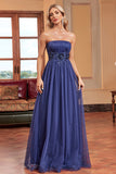 Navy A Line Removable Sleeves Pleated Long Prom Dress