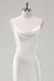 White Satin Cowl Neck Backless Prom Dress