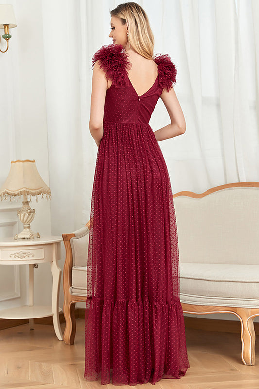 Burgundy A Line V Neck Sleeveless Tull Prom Dress