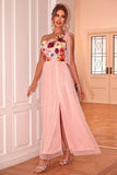 Blush Floral One Shoulder A-Line Tulle Tea Length Formal Dress