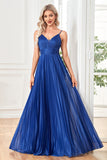 Sparkly Fuchsia A-Line Spaghetti Straps Pleated Long Formal Dress