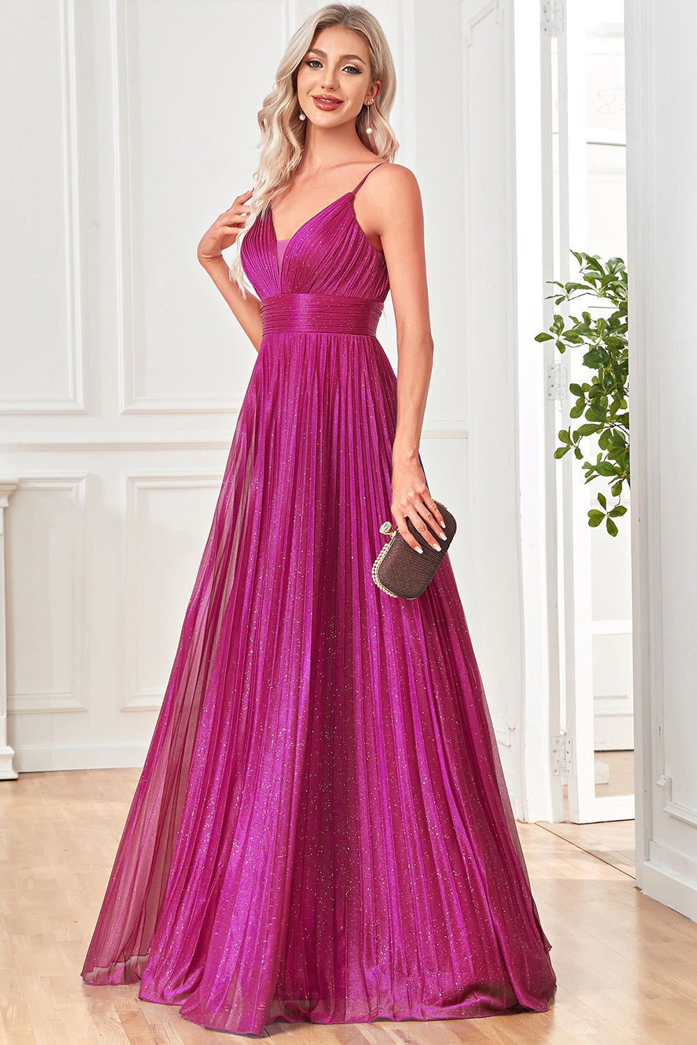 Sparkly Fuchsia A-Line Spaghetti Straps Pleated Long Formal Dress