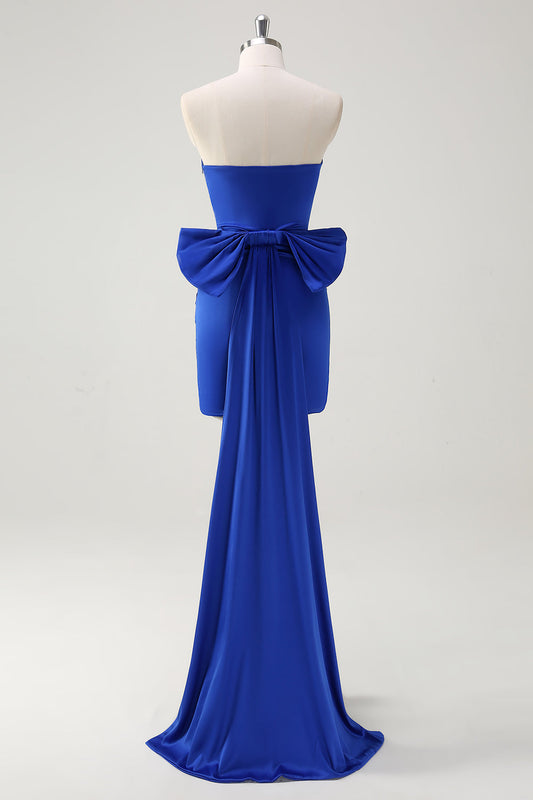 Royal Blue Strapless Short Prom Dress With Big Bow Flowing Train