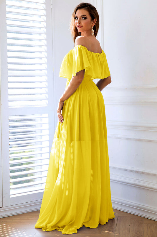 Yellow A-Line Off the Shoulder Ruffle Long Formal Dress with Slit