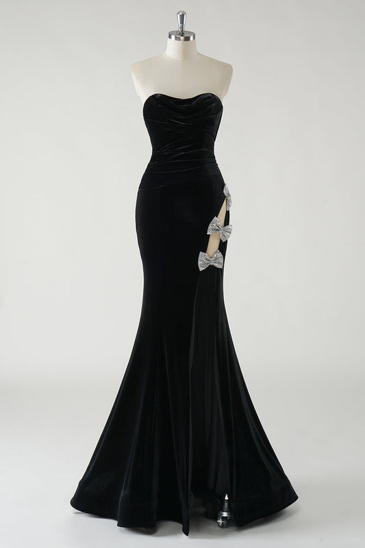 Black Strapless Velvet Sparkly Bows Long Formal Dress With High Slit (Not Gloves)