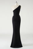 Black Mermaid One Shoulder Sparkly Sequin Ruched Long Prom Dress with Slit