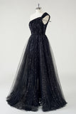 Sparkly Black Tulle A-Line One Shoulder Sequin Long Prom Dress with Slit