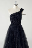 Sparkly Black Tulle A-Line One Shoulder Sequin Long Prom Dress with Slit