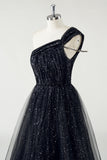 Sparkly Black Tulle A-Line One Shoulder Sequin Long Prom Dress with Slit