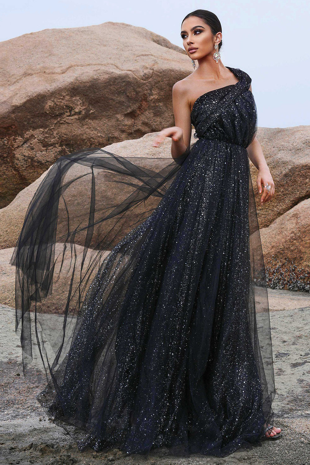 Sparkly Black A-Line One Shoulder Sequined Tulle Long Prom Dress with Slit