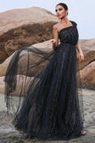 Sparkly Black A-Line One Shoulder Sequined Tulle Long Prom Dress with Slit