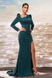 Dark Green Mermaid Long Sleeves Prom Dress with Slit