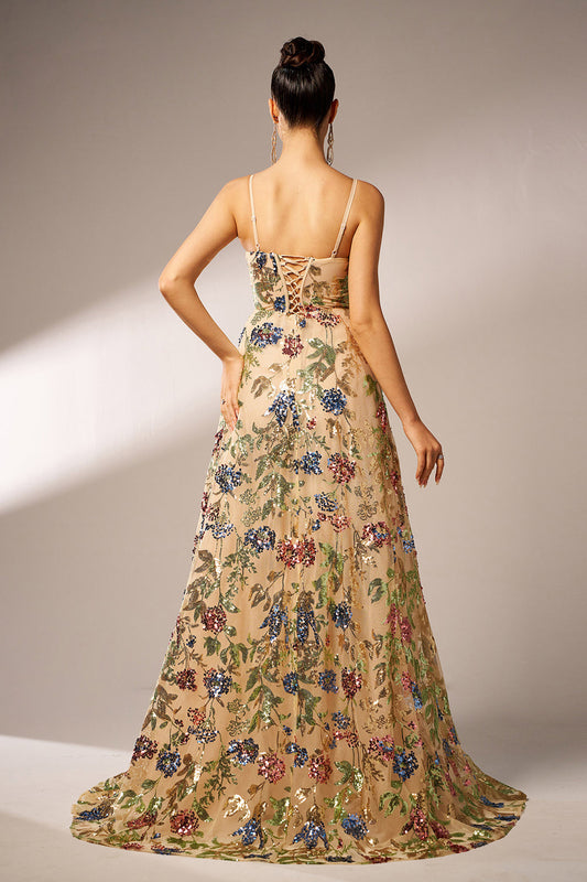 Sparkly Floral Apricot A-Line Long Prom Dress