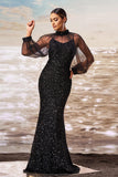 Sparkly Mermaid Black Sequin Long Sleeves Prom Dress