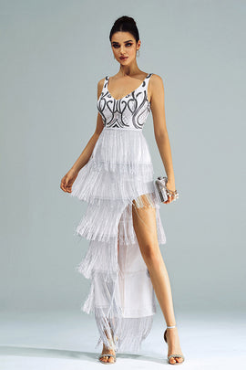 White Sheath Long Prom Dress With Fringes