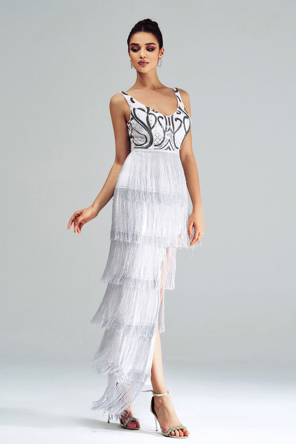 White Sheath Long Prom Dress With Fringes