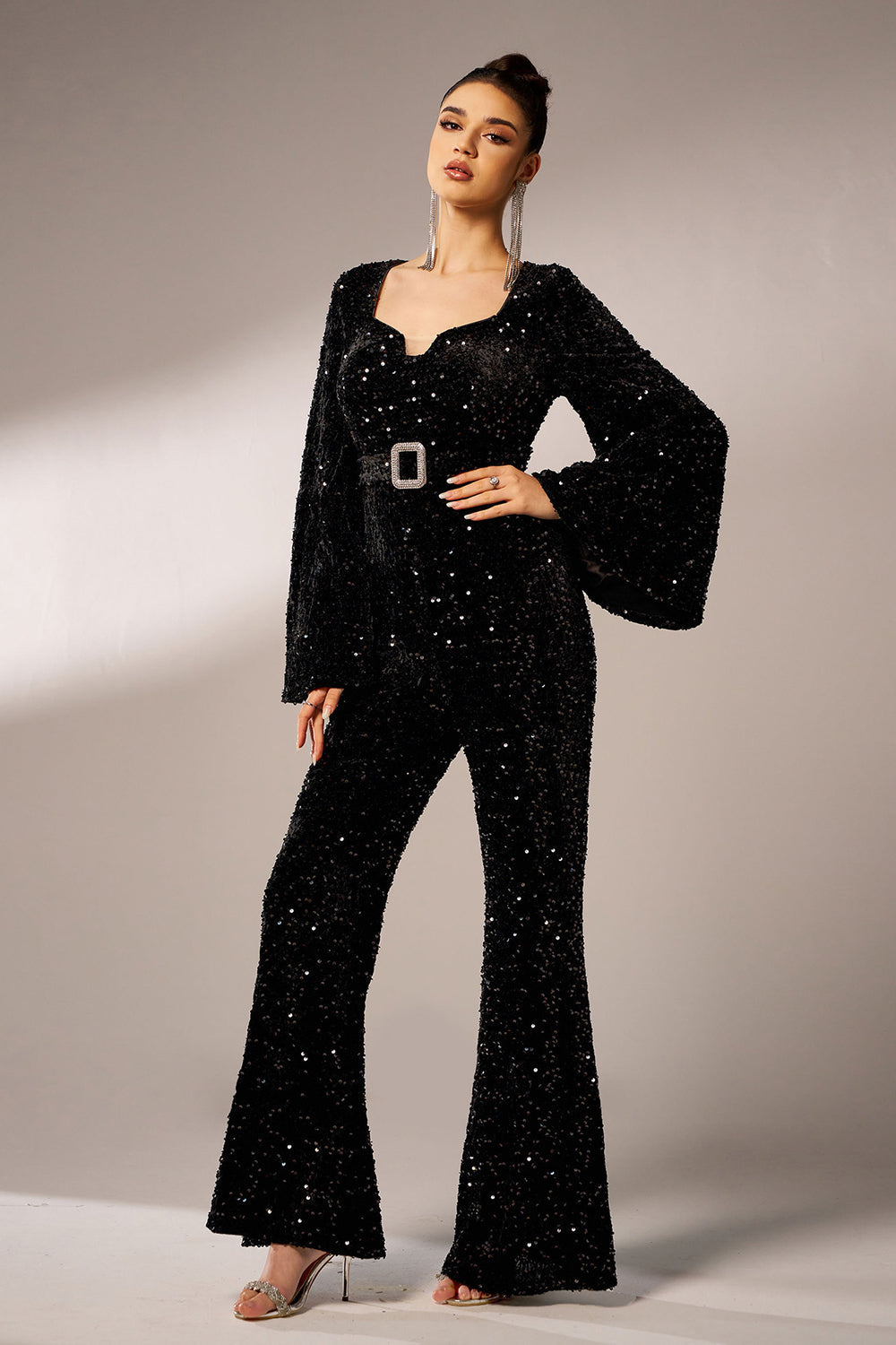 Black Sequin Long Sleeves Jumpsuit with Belt