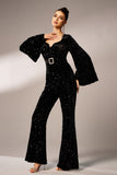 Black Sequin Long Sleeves Jumpsuit with Belt