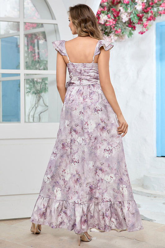 Lilac Floral Print Cape Straps With Ruffle Long Prom Dress