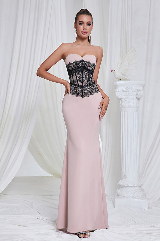 Mermaid Pink Strapless Lace Long Prom Dress