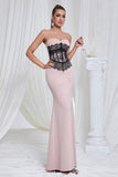 Mermaid Pink Strapless Lace Long Prom Dress