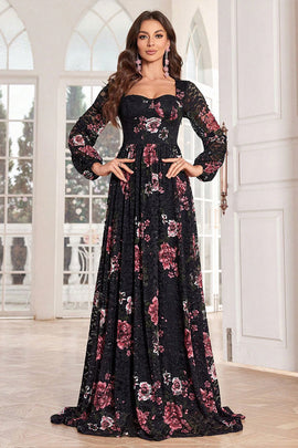 A Line Long Sleeves Floral Print Black Long Prom Dress