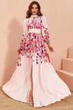 Floral Print Pink A Line Long Sleeves Prom Dress with Slit