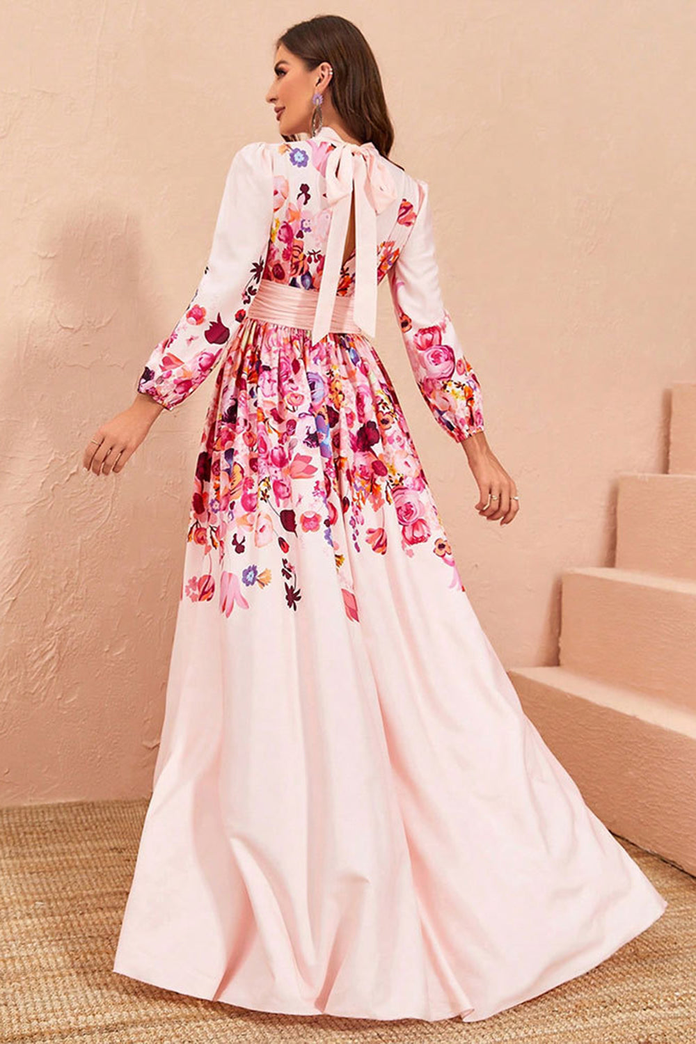 Floral Print Pink A Line Long Sleeves Prom Dress with Slit