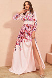 Floral Print Pink A Line Long Sleeves Prom Dress with Slit