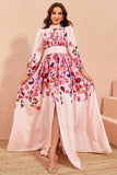 Floral Print Pink A Line Long Sleeves Prom Dress with Slit