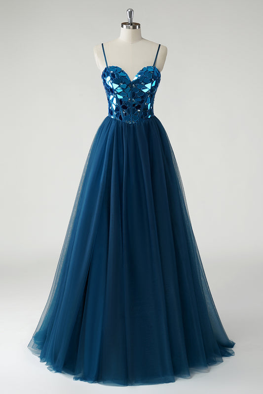 Sparkly Dark Blue A Line Mirror Long Tulle Prom Dress