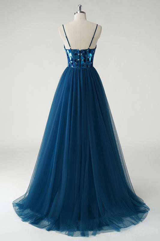 Sparkly Dark Blue A Line Mirror Long Tulle Prom Dress