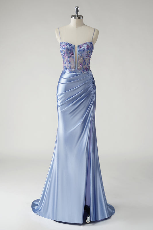 Sparkly Mermaid Blue Satin Corset Prom Dress with Slit