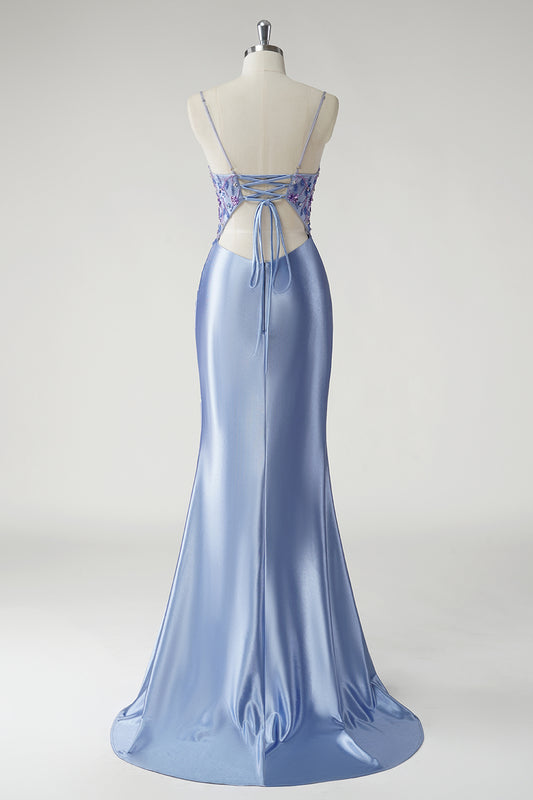 Sparkly Mermaid Blue Satin Corset Prom Dress with Slit