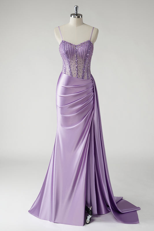 Sparkly Purple Mermaid Satin Corset Side Cape Prom Dress with Slit