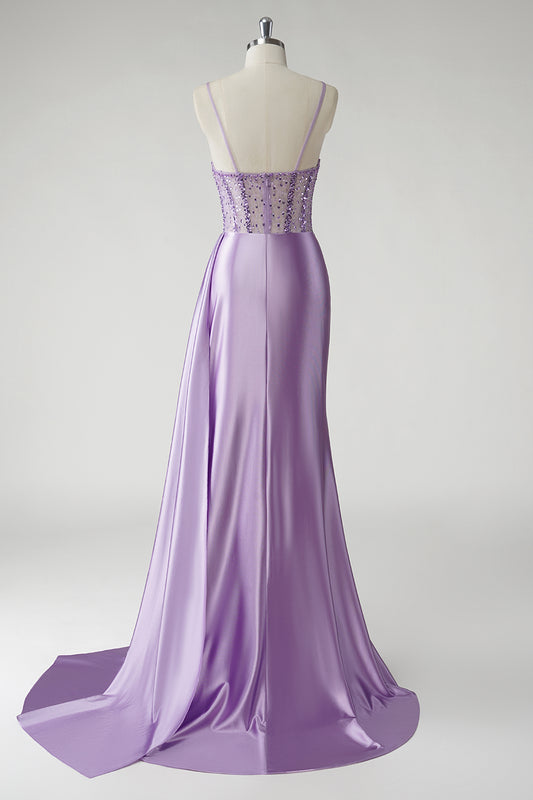 Sparkly Purple Mermaid Satin Corset Side Cape Prom Dress with Slit