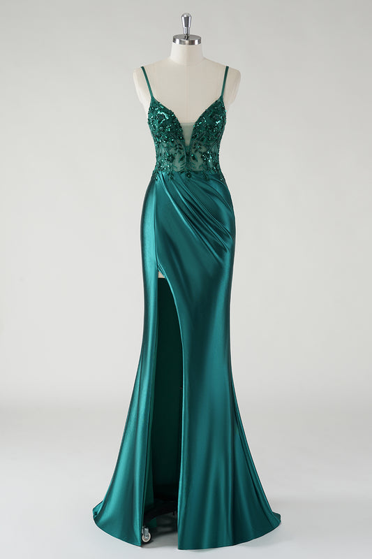 Sparkly Spaghetti Straps Dark Green Floral Satin Prom Dress with Slit