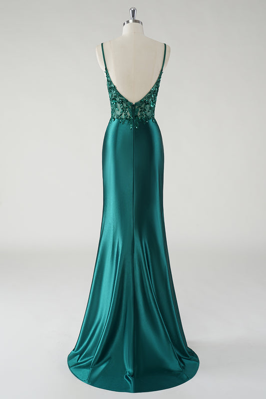 Sparkly Spaghetti Straps Dark Green Floral Satin Prom Dress with Slit