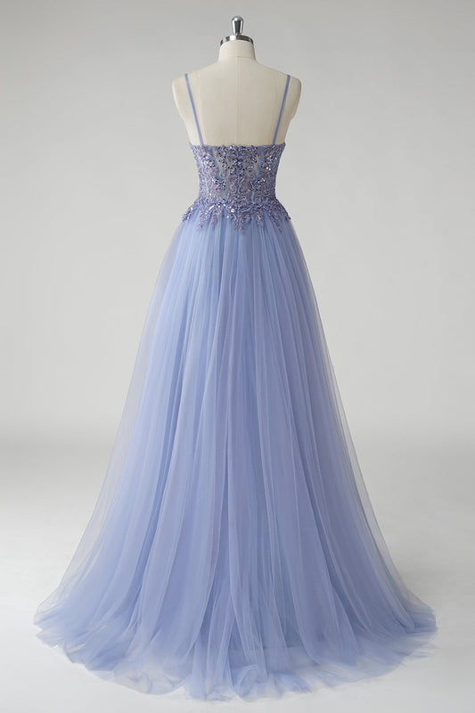 Sparkly Grey Blue A Line Tulle Prom Dress with Slit