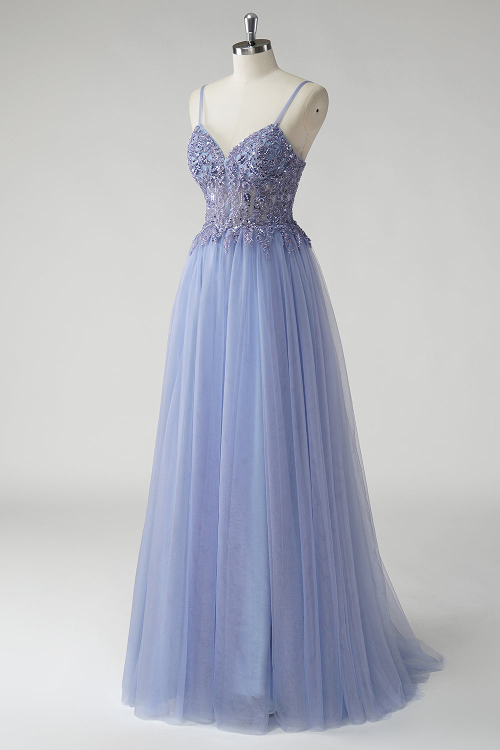 Sparkly Grey Blue A Line Tulle Prom Dress with Slit