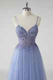 Sparkly Grey Blue A Line Tulle Prom Dress with Slit