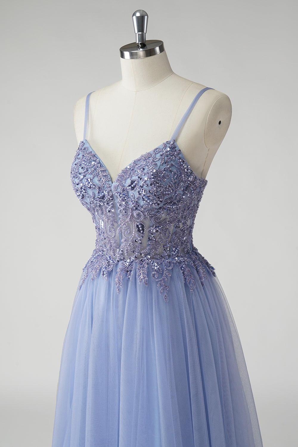 Sparkly Grey Blue A Line Tulle Prom Dress with Slit