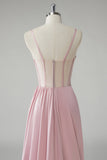 Blush Spaghetti Straps Corset Pleated Sheath Long Prom Dress